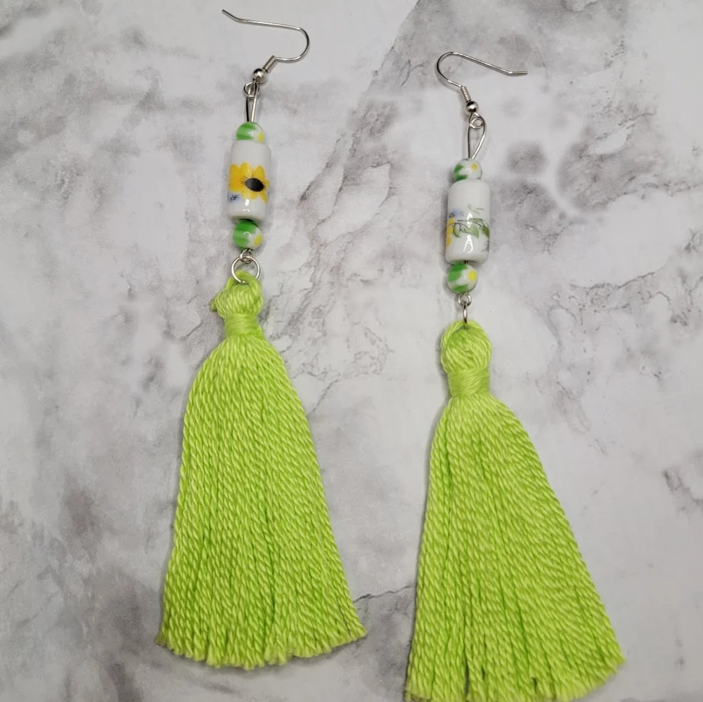 Handmade Tassel Earrings Lime Green Sunflower Daisy Boho Hippie Chic
